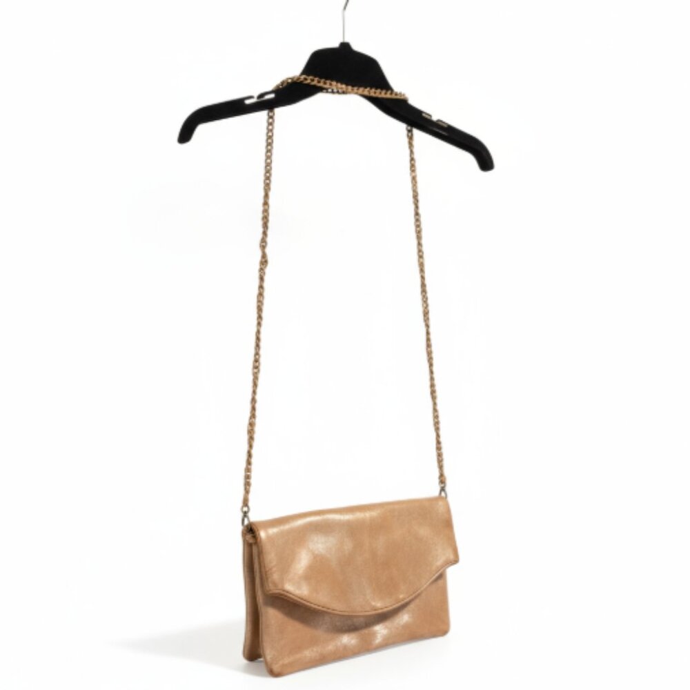 Express Fold-Over Clutch Purse Gold Pink Shoulder Chain Zip Snap Closure